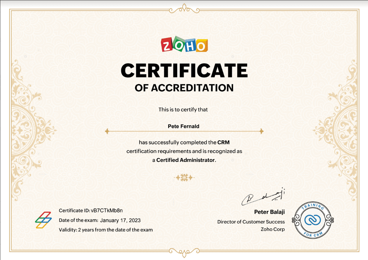 Zoho Certificate of Accreditation